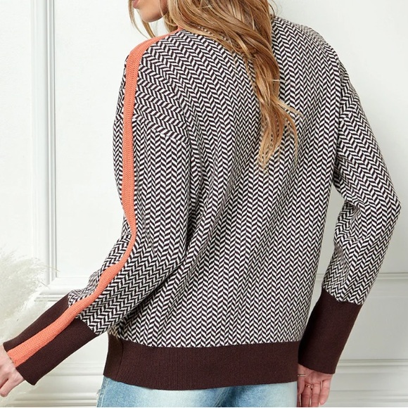 Cezele Women’s Brown Herringbone Knit w Orange Details Turtleneck Sweater L EUC - Picture 3 of 11